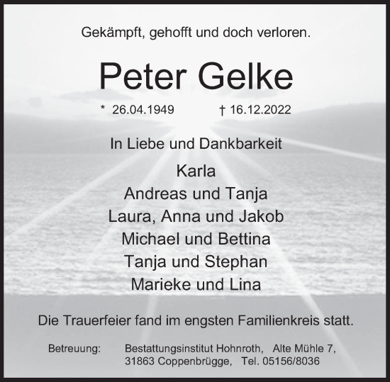 Traueranzeige von Peter Gelke von Deister- und Weserzeitung