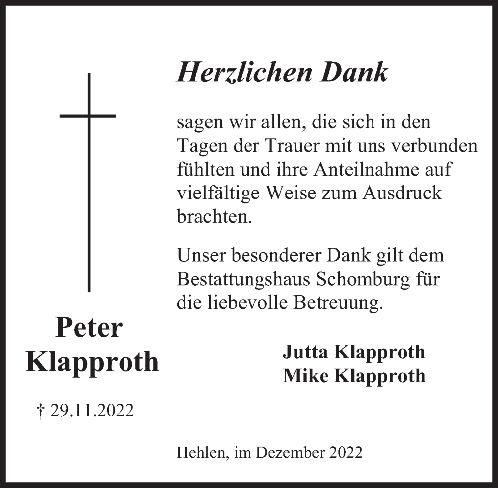  Traueranzeige für Peter Klapproth vom 30.12.2022 aus Deister- und Weserzeitung