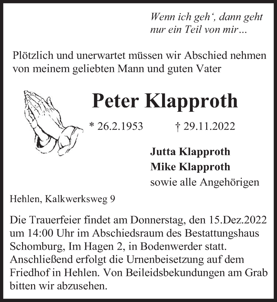  Traueranzeige für Peter Klapproth vom 02.12.2022 aus Deister- und Weserzeitung
