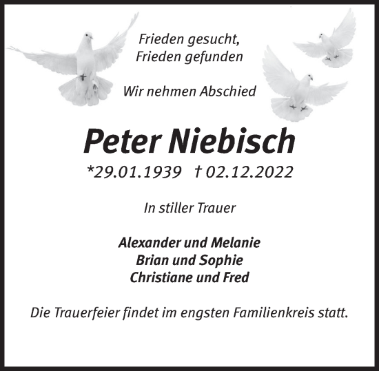 Traueranzeige von Peter Niebisch von Deister- und Weserzeitung