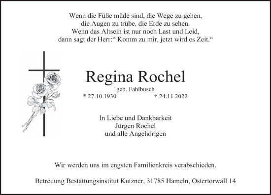 Traueranzeige von Regina Rochel von Deister- und Weserzeitung
