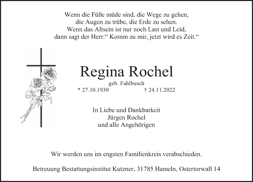  Traueranzeige für Regina Rochel vom 02.12.2022 aus Deister- und Weserzeitung