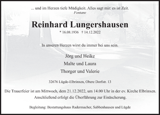 Traueranzeige von Reinhard Lungershausen von Deister- und Weserzeitung