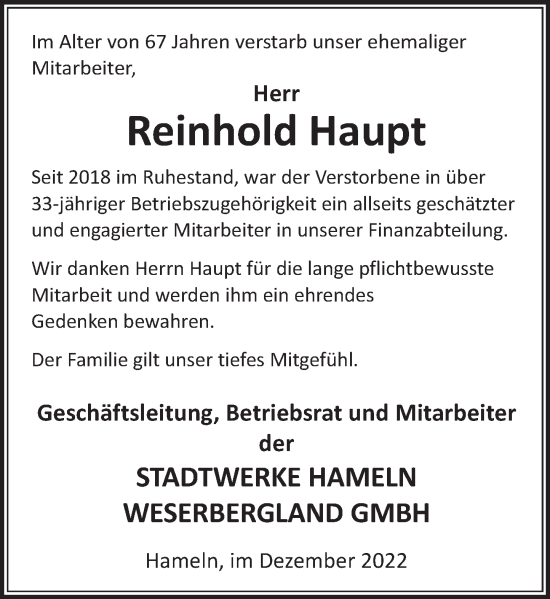 Traueranzeige von Reinhold Haupt von Deister- und Weserzeitung