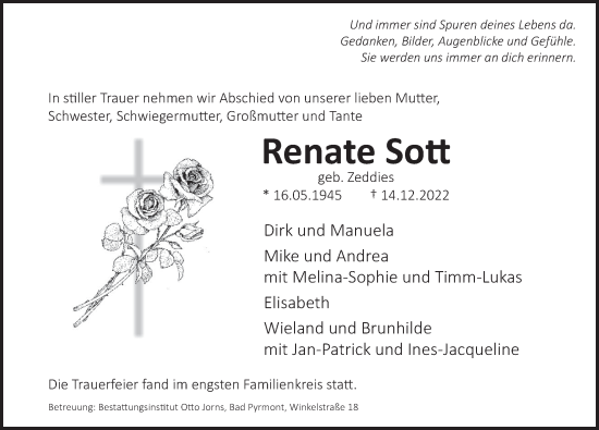Traueranzeige von Renate Sott von Deister- und Weserzeitung