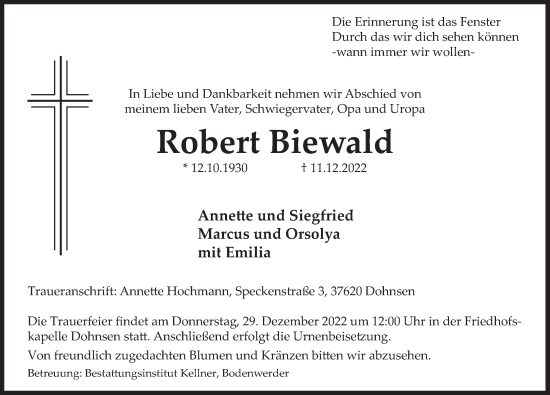 Traueranzeige von Robert Biewald von Deister- und Weserzeitung