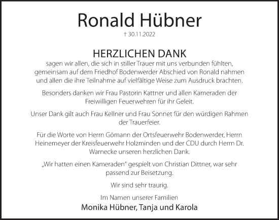 Traueranzeige von Ronald Hübner von Deister- und Weserzeitung