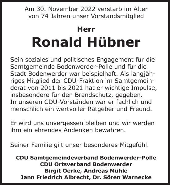 Traueranzeige von Ronald Hübner von Deister- und Weserzeitung