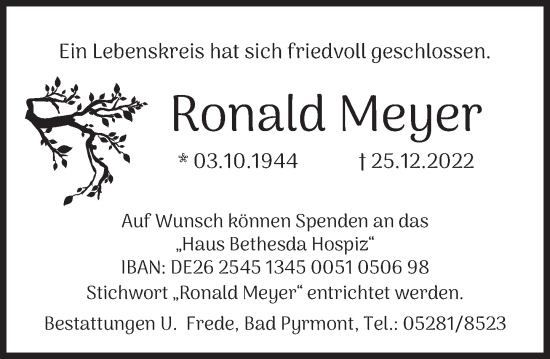 Traueranzeige von Ronald Meyer von Deister- und Weserzeitung