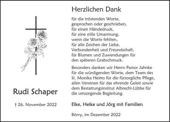 Traueranzeige von Rudi Schaper von Deister- und Weserzeitung