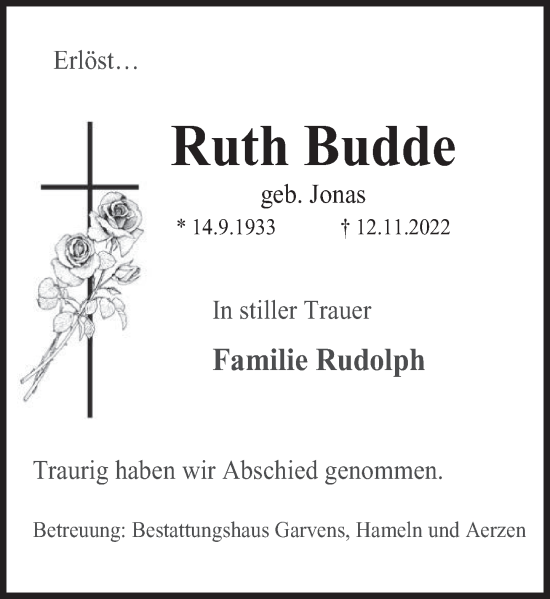 Traueranzeige von Ruth Budde von Deister- und Weserzeitung