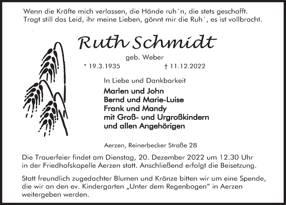  Traueranzeige für Ruth Schmidt vom 17.12.2022 aus Deister- und Weserzeitung