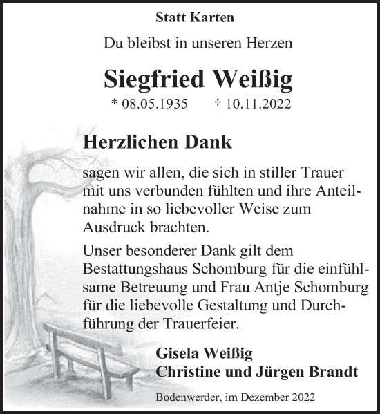 Traueranzeige von Siegfried Weißig von Deister- und Weserzeitung