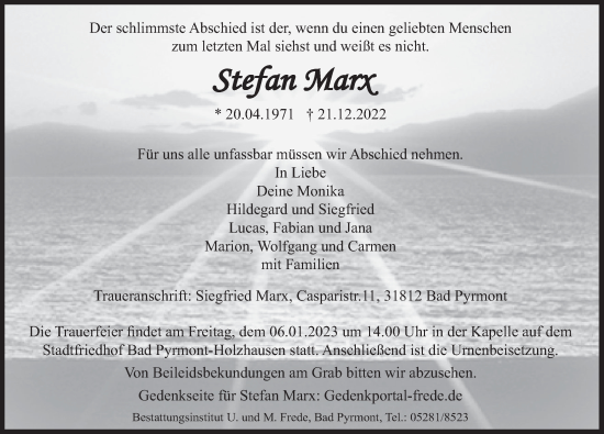 Traueranzeige von Stefan Marx von Deister- und Weserzeitung
