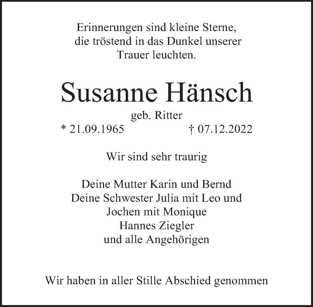 Traueranzeige für Susanne Hänsch vom 17.12.2022 aus Deister- und Weserzeitung