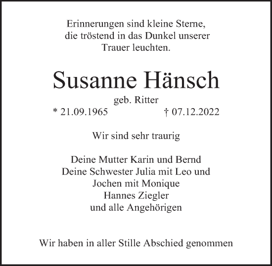 Traueranzeige von Susanne Hänsch von Deister- und Weserzeitung