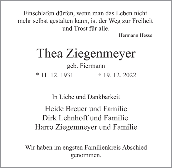 Traueranzeige von Thea Ziegenmeyer von Deister- und Weserzeitung