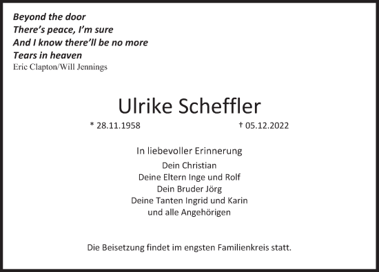 Traueranzeige von Ulrike Scheffler von Deister- und Weserzeitung