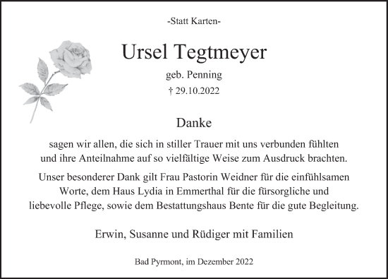 Traueranzeige von Ursel Tegtmeyer von Deister- und Weserzeitung