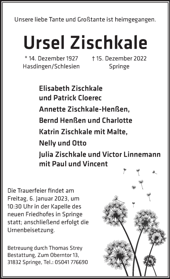 Traueranzeige von Ursel Zischkale von Neue Deister-Zeitung