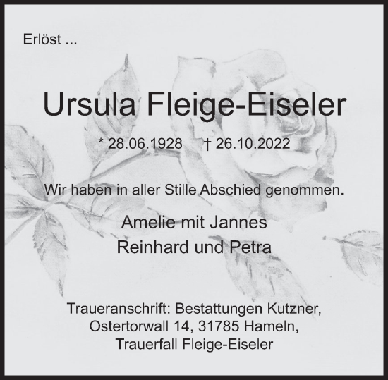 Traueranzeige von Ursula Fleige-Eiseier von Deister- und Weserzeitung