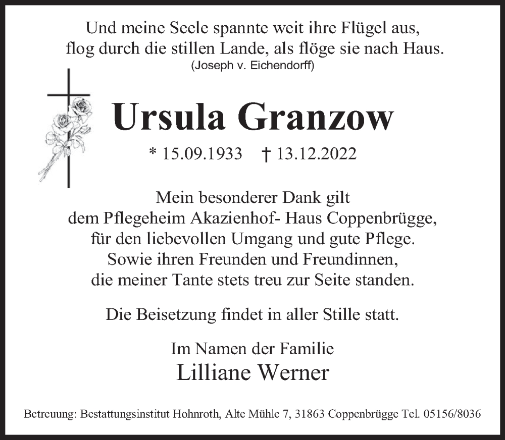 Traueranzeige für Ursula Granzow vom 17.12.2022 aus Deister- und Weserzeitung