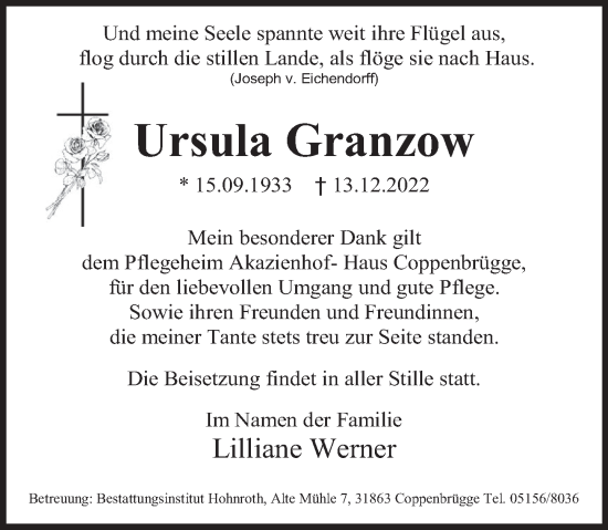 Traueranzeige von Ursula Granzow von Deister- und Weserzeitung