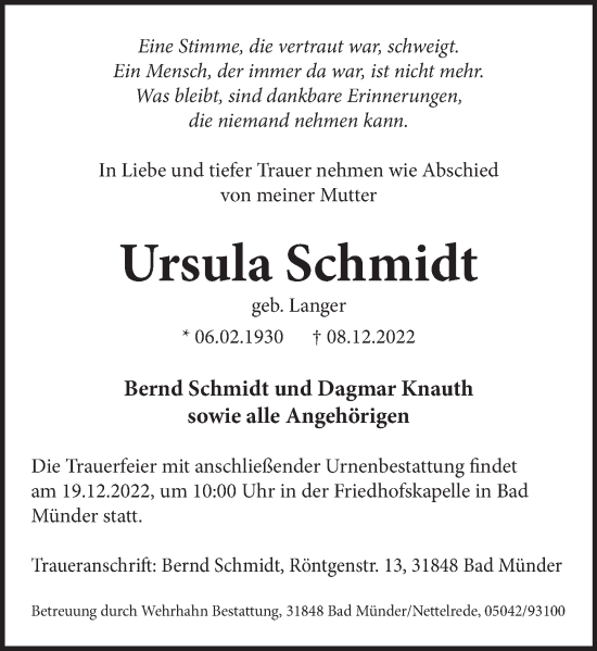Traueranzeige von Ursula Schmidt von Neue Deister-Zeitung