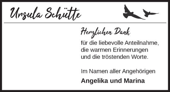 Traueranzeige von Ursula Schütte von Deister- und Weserzeitung