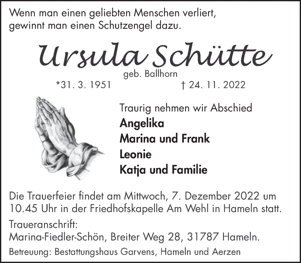  Traueranzeige für Ursula Schütte vom 02.12.2022 aus Deister- und Weserzeitung