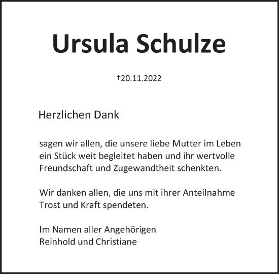 Traueranzeige von Ursula Schulze von Deister- und Weserzeitung