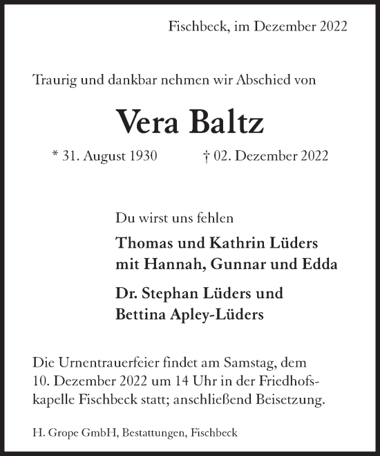 Traueranzeige von Vera Baltz von Deister- und Weserzeitung