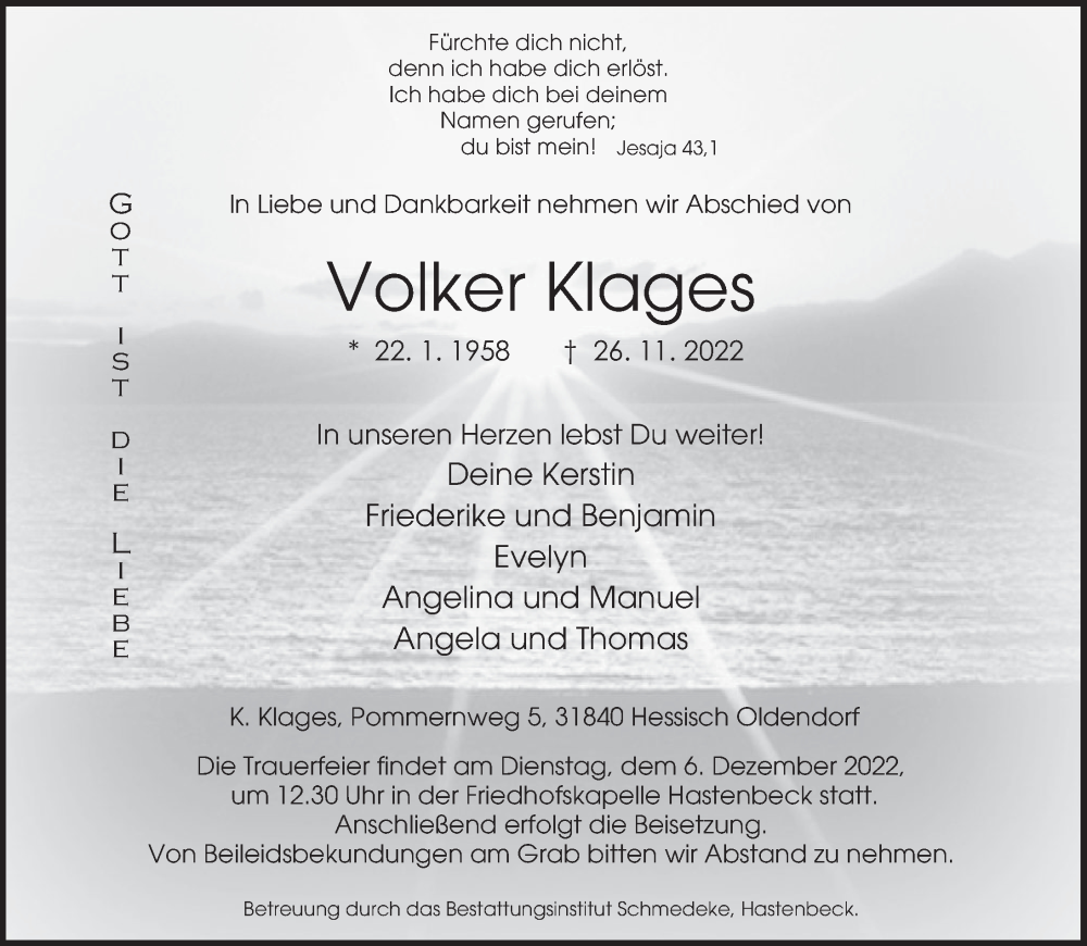  Traueranzeige für Volker Klages vom 03.12.2022 aus Deister- und Weserzeitung