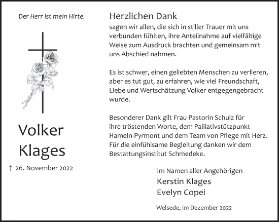 Traueranzeige von Volker Klages von Deister- und Weserzeitung