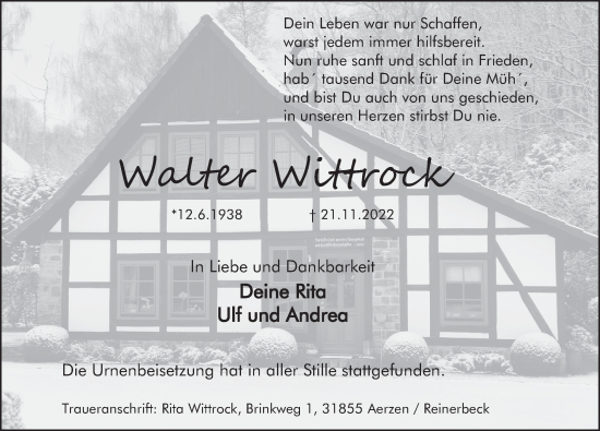 Traueranzeige von Walter Wittrock von Deister- und Weserzeitung