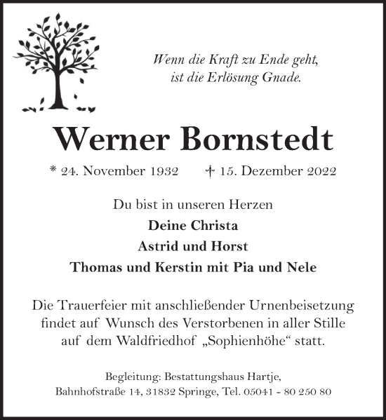 Traueranzeige von Werner Bornstedt von Neue Deister-Zeitung