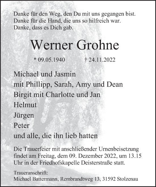 Traueranzeige von Werner Grohne von Deister- und Weserzeitung