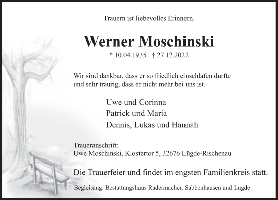 Traueranzeige von Werner Moschinski von Deister- und Weserzeitung