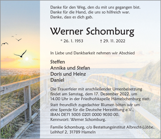Traueranzeige von Werner Schomburg von Deister- und Weserzeitung