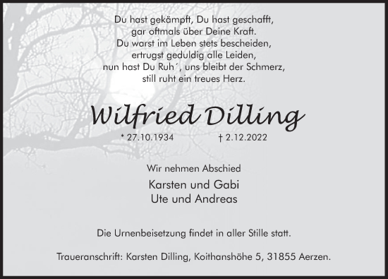 Traueranzeige von Wilfried Dilling von Deister- und Weserzeitung