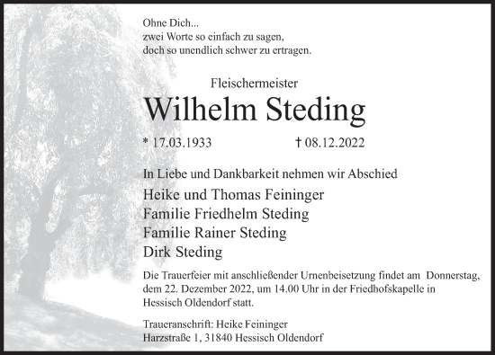 Traueranzeige von Wilhelm Steding von Deister- und Weserzeitung