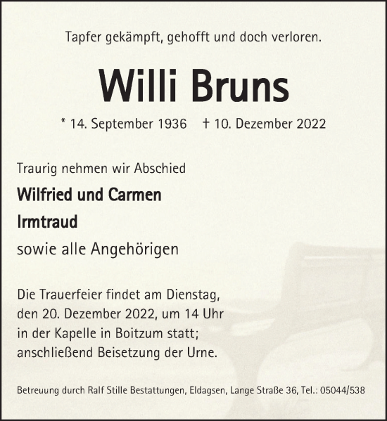 Traueranzeige von Willi Bruns von Neue Deister-Zeitung