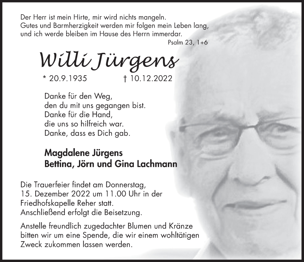  Traueranzeige für Willi Jürgens vom 13.12.2022 aus Deister- und Weserzeitung