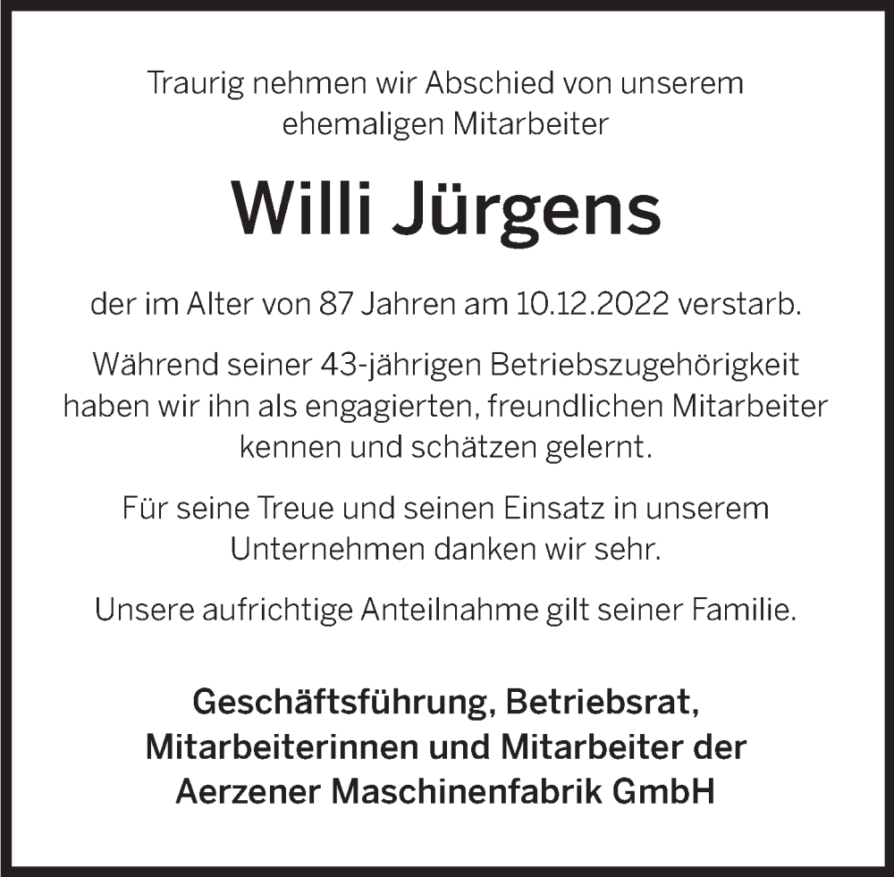  Traueranzeige für Willi Jürgens vom 15.12.2022 aus Deister- und Weserzeitung