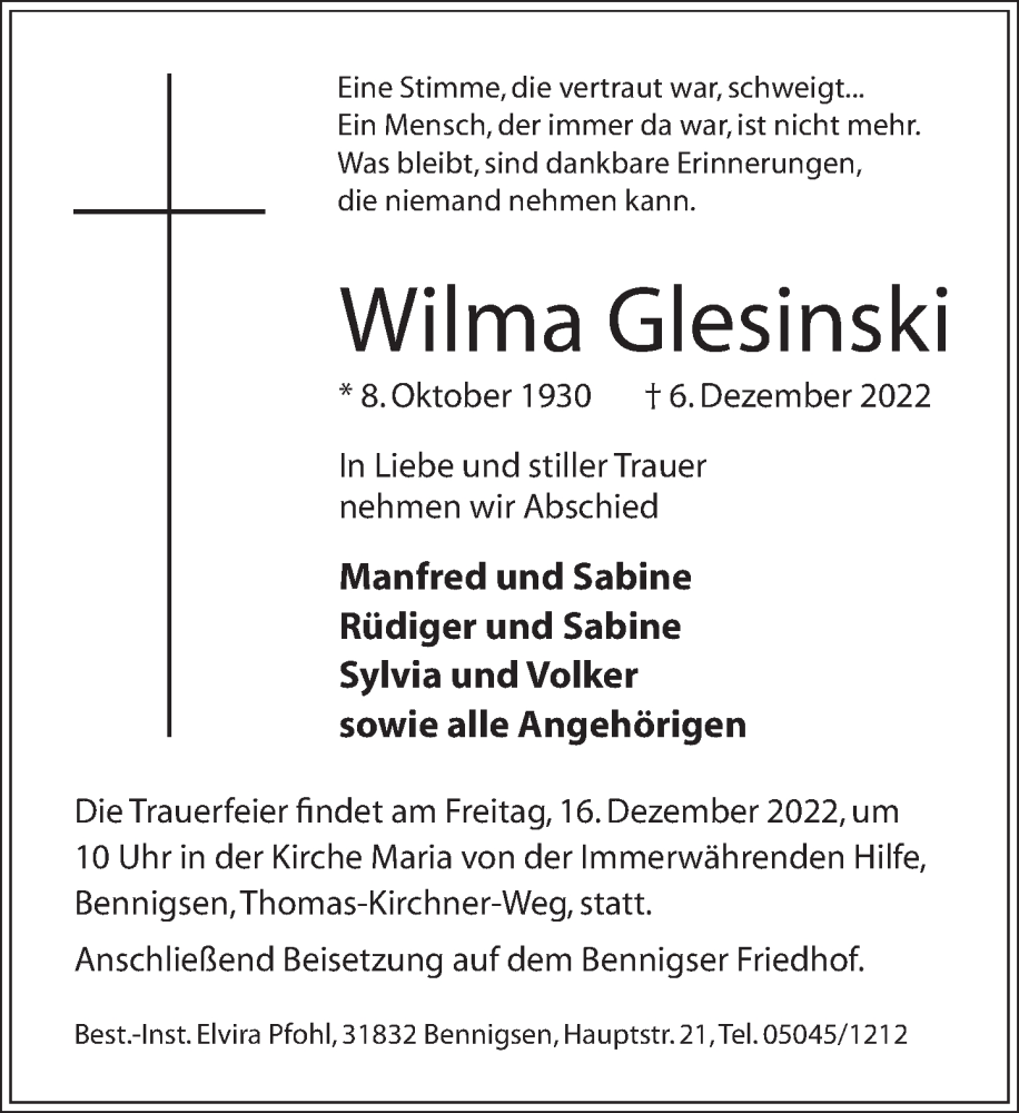  Traueranzeige für Wilma Glesinski vom 10.12.2022 aus Neue Deister-Zeitung