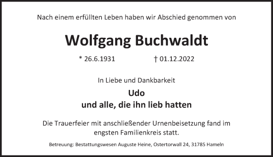 Traueranzeige von Wolfgang Buchwaldt von Deister- und Weserzeitung