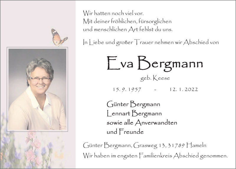  Traueranzeige für Eva Bergmann vom 21.01.2022 aus Deister- und Weserzeitung