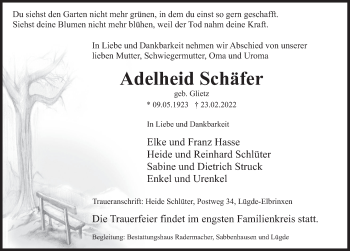 Traueranzeige von Adelheid Schäfer von Deister- und Weserzeitung