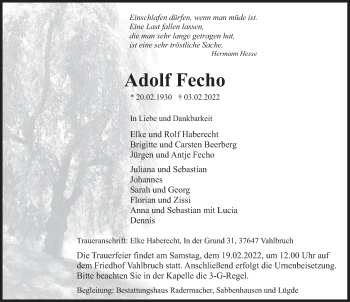 Traueranzeige von Adolf Fecho von Deister- und Weserzeitung
