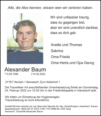 Traueranzeige von Alexander Baum von Deister- und Weserzeitung